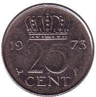 Монета 25 центов. 1973 год, Нидерланды. Монета 25 центов. 1973 год, Нидерланды.