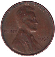 Монета 1 цент. 1966 год (P), США. Линкольн. Монета 1 цент. 1966 год (P), США. Линкольн.