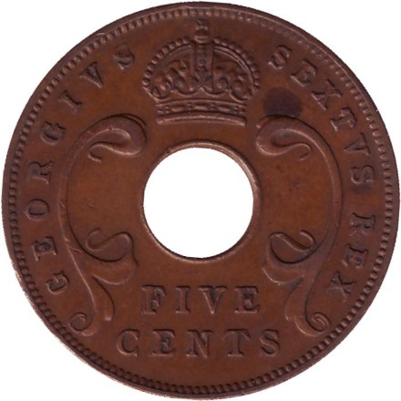 Монета 5 центов. 1952 год, Восточная Африка. Монета 5 центов. 1952 год, Восточная Африка.