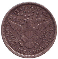 Монета 25 центов. 1897 год, США. (Без отметки монетного двора) "Четверть доллара Барбера". Монета 25 центов. 1897 год, США. (Без отметки монетного двора) "Четверть доллара Барбера".