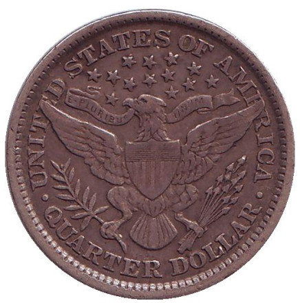 Монета 25 центов. 1897 год, США. (Без отметки монетного двора) "Четверть доллара Барбера".