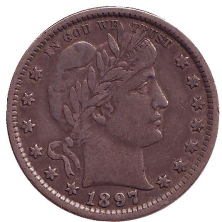 Монета 25 центов. 1897 год, США. (Без отметки монетного двора) "Четверть доллара Барбера".