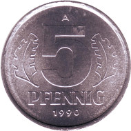 Монета 5 пфеннигов. 1990 год, ГДР. Монета 5 пфеннигов. 1990 год, ГДР.
