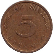 Монета 5 пфеннигов. 1971 год (D), ФРГ. Дубовые листья. Монета 5 пфеннигов. 1971 год (D), ФРГ. Дубовые листья.
