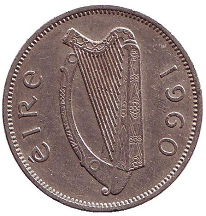 Монета 6 пенсов. 1960 год, Ирландия. Ирландский волкодав.