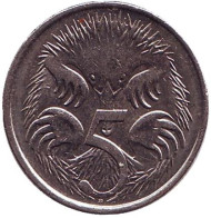 Монета 5 центов. 2009 год, Австралия. Ехидна. Монета 5 центов. 2009 год, Австралия. Ехидна.
