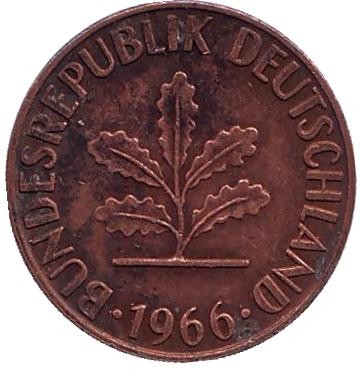 Монета 1 пфенниг. 1966 год (G), ФРГ. Дубовые листья. Монета 1 пфенниг. 1966 год (G), ФРГ. Дубовые листья.