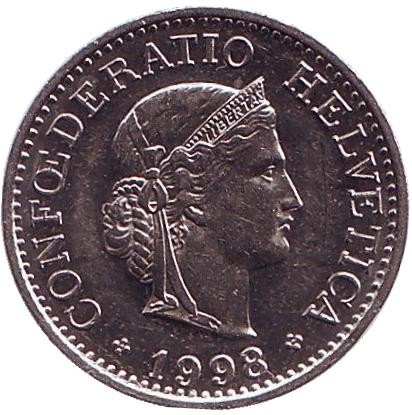 Монета 10 раппенов. 1998 год, Швейцария. Монета 10 раппенов. 1998 год, Швейцария.
