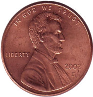 Монета 1 цент. 2002 год (D), США. Линкольн. Монета 1 цент. 2002 год (D), США. Линкольн.