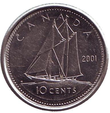 Монета 10 центов. 2001 год, Канада. Парусник.