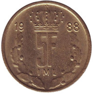 Монета 5 франков. 1988 год, Люксембург. Монета 5 франков. 1988 год, Люксембург.