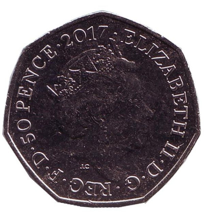 Монета 50 пенсов. 2017 год, Великобритания. 150 лет со дня рождения Беатрис Поттер. Котёнок Том.