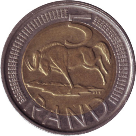 Монета 5 рандов. 2017 год, ЮАР. Антилопа Гну.