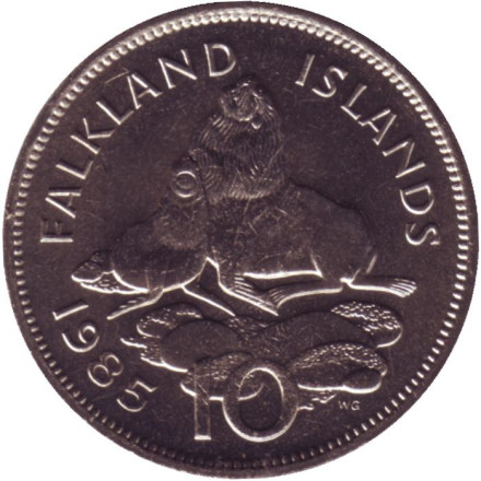 Монета 10 пенсов. 1985 год, Фолклендские острова. UNC. Морские львы.