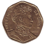 Монета 5 песо. 2001 год, Чили. Бернардо О’Хиггинс. Монета 5 песо. 2001 год, Чили. Бернардо О’Хиггинс.