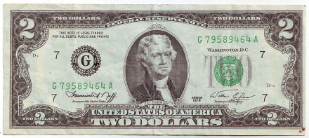 Банкнота 2 доллара. 1976 год, США. Из обращения.