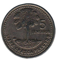 Хлопковое дерево. Монета 5 сентаво. 1986 год, Гватемала. 