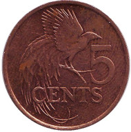 Монета 5 центов. 1997 год, Тринидад и Тобаго. Райская птица. Монета 5 центов. 1997 год, Тринидад и Тобаго. Райская птица.