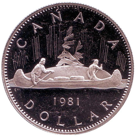 Монета 1 доллар. 1981 год, Канада. Proof. Индейцы в каноэ.