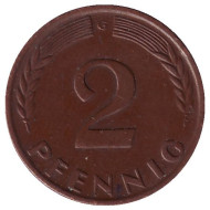 Монета 2 пфеннига. 1961 год (G), ФРГ. Дубовые листья. Монета 2 пфеннига. 1961 год (G), ФРГ. Дубовые листья.