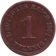 Монета 1 пфенниг. 1904 год (A), Германская империя. Монета 1 пфенниг. 1904 год (A), Германская империя.