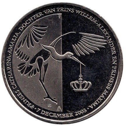 Рождение принцессы Нидерландов Катарины-Амалии. 7 декабря 2003 года. Памятный жетон, Нидерланды. Рождение принцессы Нидерландов Катарины-Амалии. 7 декабря 2003 года. Памятный жетон, Нидерланды.