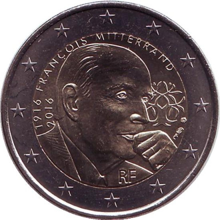 Монета 2 евро. 2016 год, Франция. 100 лет со дня рождения Франсуа Миттерана.