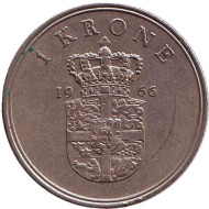 Монета 1 крона. 1966 год, Дания. Монета 1 крона. 1966 год, Дания.