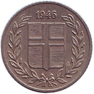 Монета 10 аураров. 1946 год, Исландия.