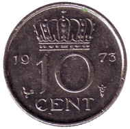Монета 10 центов. 1973 год, Нидерланды. Монета 10 центов. 1973 год, Нидерланды.