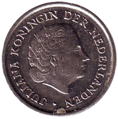 Монета 10 центов. 1973 год, Нидерланды. Монета 10 центов. 1973 год, Нидерланды.