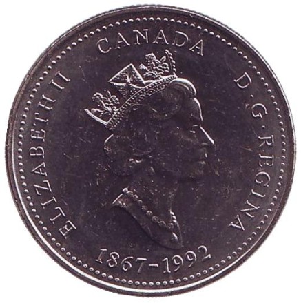 Монета 25 центов. 1992 год, Канада. Квебек. 125 лет Конфедерации Канады. Монета 25 центов. 1992 год, Канада. Квебек. 125 лет Конфедерации Канады.