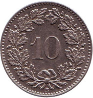 Монета 10 раппенов. 1933 год, Швейцария. Монета 10 раппенов. 1933 год, Швейцария.
