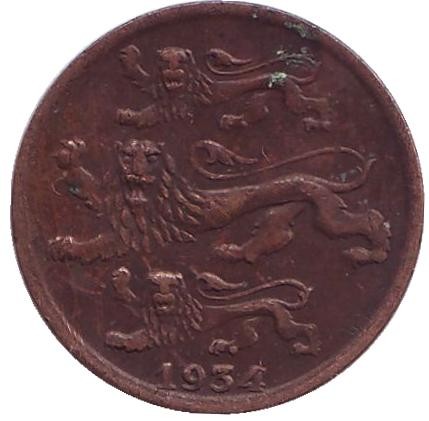 Монета 2 сента. 1934 год, Эстония. №1 Монета 2 сента. 1934 год, Эстония. №1