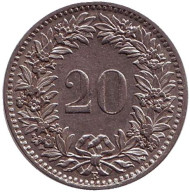 Монета 20 раппенов. 1925 год, Швейцария. Монета 20 раппенов. 1925 год, Швейцария.