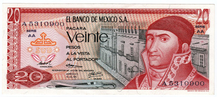 Банкнота 20 песо. 1973 год, Мексика.