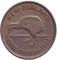 Монета 1 флорин. 1962 год, Новая Зеландия. Киви (птица). Монета 1 флорин. 1962 год, Новая Зеландия. Киви (птица).