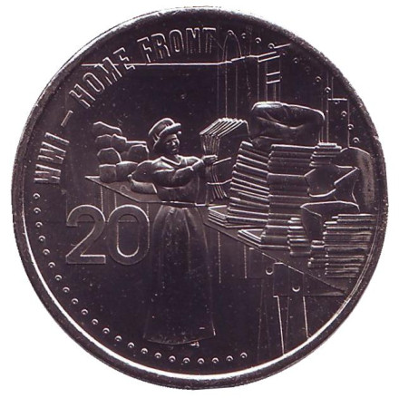 Монета 20 центов. 2015 год, Австралия. Внутренний фронт. (Труженики тыла). АНЗАК.