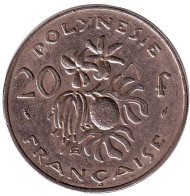 Монета 20 франков. 1983 год, Французская Полинезия. Плод хлебного дерева, стручки ванили.