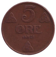 Монета 5 эре. 1921 год, Норвегия. Монета 5 эре. 1921 год, Норвегия.