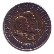 Монета 10 песо, 2008 год, Филиппины. Монета 10 песо, 2008 год, Филиппины.