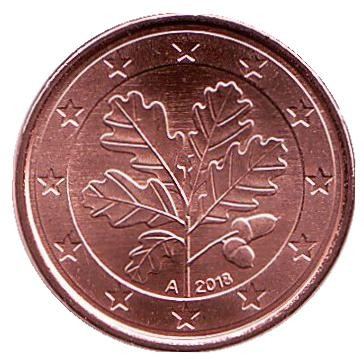 Монета 1 цент. 2018 год (А), Германия.