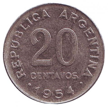 Монета 20 сентаво. 1954 год, Аргентина. Генерал Хосе де Сан-Мартин.