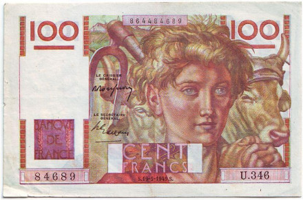 Банкнота 100 франков. 1949 год, Франция. Крестьянин.