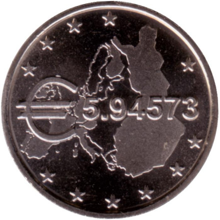 Жетон годового набора монет Финляндии 1999 года. Переход с финской марки на евро.