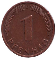 Монета 1 пфенниг. 1949 год (D), ФРГ. Дубовые листья. Монета 1 пфенниг. 1949 год (D), ФРГ. Дубовые листья.