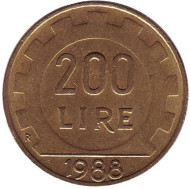 Монета 200 лир. 1988 год, Италия. Монета 200 лир. 1988 год, Италия.