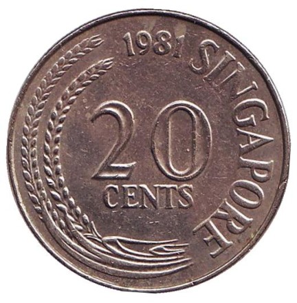 Монета 20 центов. 1981 год. Сингапур. Рыба-меч.