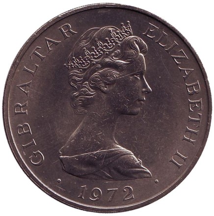 Монета 25 новых пенсов. 1972 год, Гибралтар. 25 лет свадьбе Королевы Елизаветы II и Принца Филиппа. Монета 25 новых пенсов. 1972 год, Гибралтар. 25 лет свадьбе Королевы Елизаветы II и Принца Филиппа.