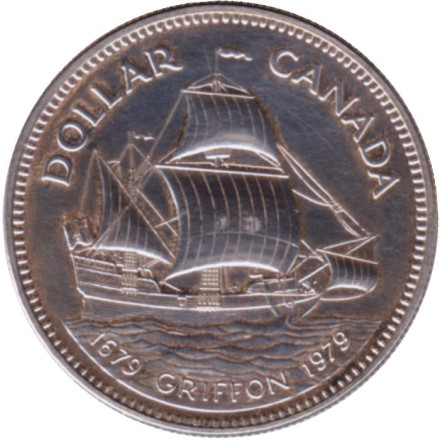Монета 1 доллар. 1979 год, Канада. 300 лет кораблю "Грифон".